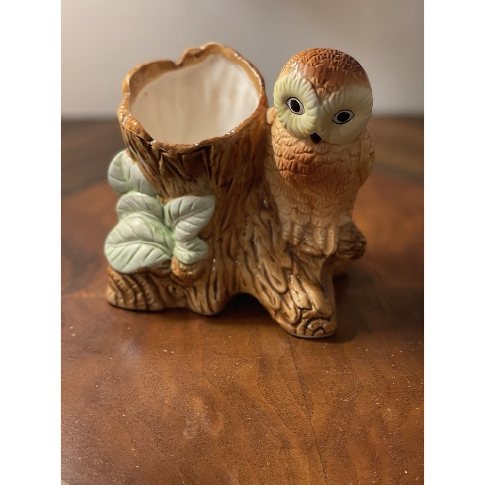 Owl Planter Brown Ceramic Owl Perching On A Tree  5.5"x5"Green Leaf